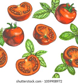 Vector color seamless pattern with fresh vegetables isolated on white background. Vintage hand drawn texture with full and halves red tomatoes and green basil leaves in sketch style.