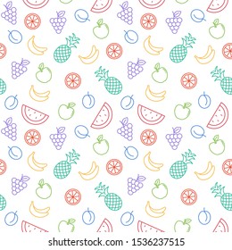 vector color seamless pattern with fruits outline icons. pineapple, apple, bananas, orange, plum, watermelon, grapes.  