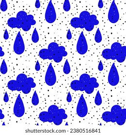 Vector color seamless pattern with hand-drawn strokes of blue clouds with raindrops on a white background. Black noise. Hatching. Handmade work. The texture is colored with markers. children's bedroom