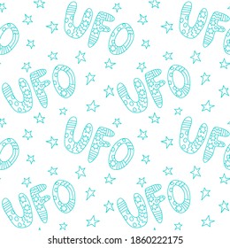 Vector color seamless pattern with the word UFO. Background and texture on the theme of space, UFOlogy, flying saucers, conspiracy