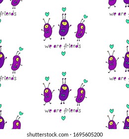 Color vectorial que repite sin fisuras el patrón infantil con adorables monstruos extraterrestres y doodles espaciales. Fondo para bebés perfecto para tejidos, envolturas, papel pintado, textiles, prendas de vestir, cubierta