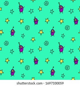 Vector color seamless repeating childish pattern with cute monsters aliens and space doodles. Baby background perfect for fabric, wrapping, wallpaper, textile, apparel, cover