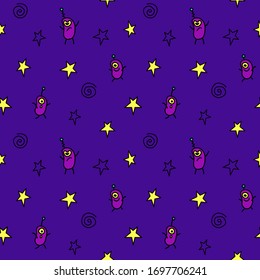 Vector color seamless repeating childish pattern with cute monsters aliens and space doodles. Baby background perfect for fabric, wrapping, wallpaper, textile, apparel, cover