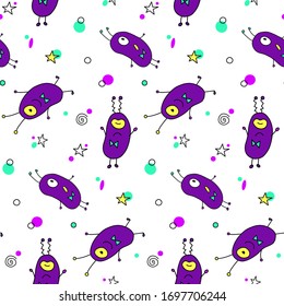 Color vectorial que repite sin fisuras el patrón infantil con adorables monstruos extraterrestres y doodles espaciales. Fondo para bebés perfecto para tejidos, envolturas, papel pintado, textiles, prendas de vestir, cubierta