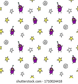 Vector color seamless repeating childish pattern with cute monsters aliens and space doodles. Baby background perfect for fabric, wrapping, wallpaper, textile, apparel, cover