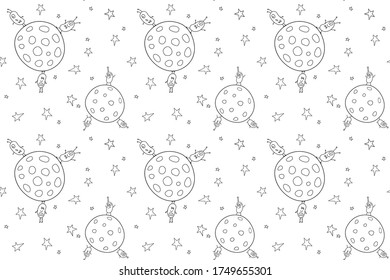 Vector color seamless repeating childish pattern with cute monsters aliens and space doodles. Baby background perfect for fabric, wrapping, wallpaper, textile, apparel, cover