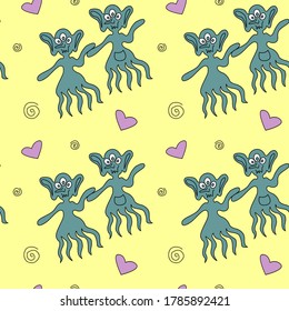 Vector color seamless repeating childish pattern with cute monsters aliens and space doodles. Baby background perfect for fabric, wrapping, wallpaper, textile, apparel, cover