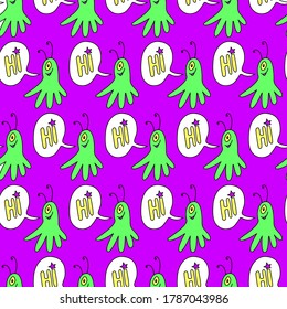 Vector color seamless repeating childish pattern with cute monsters aliens and space doodles. Baby background perfect for fabric, wrapping, wallpaper, textile, apparel, cover