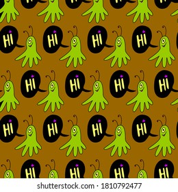 Vector Color Seamless Repeating Childish Pattern With Cute Monsters Aliens And Space Doodles. Initial Contact.. Baby Background Perfect For Fabric, Wrapping, Wallpaper, Textile, Apparel, Cover