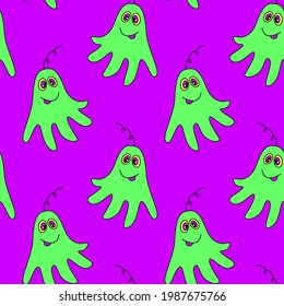 Vector color seamless repeating childish pattern with cute funny monsters aliens and space doodles. Cosmic or Halloween background and texture for fabric, wrapping, textile, apparel, cover