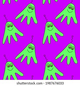 Vector color seamless repeating childish pattern with cute funny monsters aliens and space doodles. Cosmic or Halloween background and texture for fabric, wrapping, textile, apparel, cover