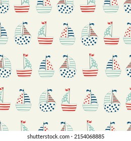 Vector color seamless repeating childish simple pattern with cute ships in Scandinavian style. Children's pattern with ships. Sea print.
