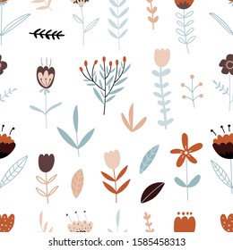 Vector color seamless repeating hand-drawn pattern with different flowers, herbs and plants on a white background. Seamless folk pattern with flowers and herbs. Spring, summer seamless pattern.