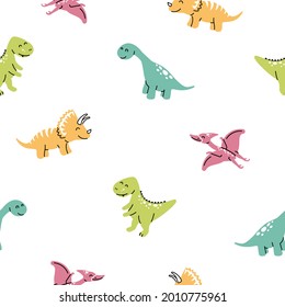 Vector color seamless repeating pattern with cute color dinosaurs. Scandinavian-style childish pattern with dinosaurs.