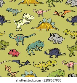 Vector color seamless repeating pattern with green dinosaurs. Seamless vector pattern with cute tyrannosaurs, stegosaurs, triceratops. Childish pattern with dinosaurs. Good for print textile