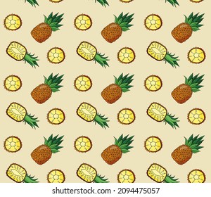 
Vector color seamless summer pineapple pattern. Whole pineapple, cut pineapple, pineapple wedge