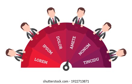 Vector color semicircle with arrow and cartoon business people characters. Template infographic. Isolated on white background.