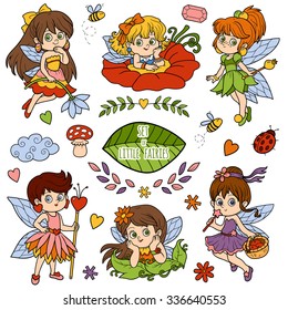 Vector color conjunto sobre pequeñas hadas, colección de dibujos animados