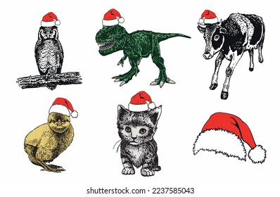 Vector color set of animals in Santa Claus red hat on white isolated, Christmas wildlife element 