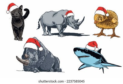 Vector color set of animals in Santa Claus red hat on white isolated, Christmas wildlife element 