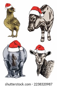Vector color set of animals in Santa Claus red hat on white isolated, Christmas wildlife element 