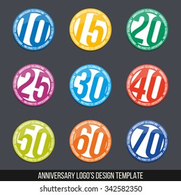 Vector color set of anniversary signs, symbols. Ten, fifteen, twenty, thirty, forty, fifty, sixty, seventy years jubilee design elements collection.