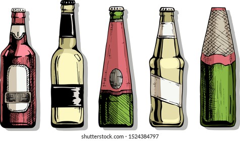 Vector color set of beer bottles in ink hand drawn style. isolated on white.
