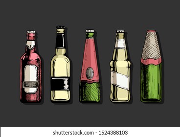 Vector color set of beer bottles in ink hand drawn style. isolated on black.