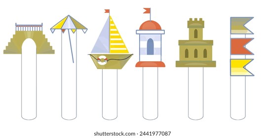 Vector color set of bookmarks with marine art. Ship, sea castle, sailboat, boat, sand castle, flags and beacons