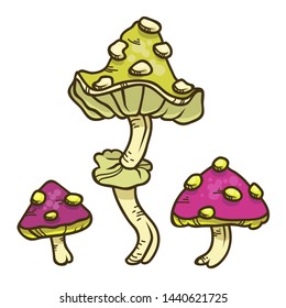 Vector color set of cartoon mushrooms for children illustration. Isolated on white background. Ingredients for magic potion