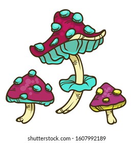 Vector color set of cartoon mushrooms for children illustration. Isolated on white background. Ingredients for magic potion