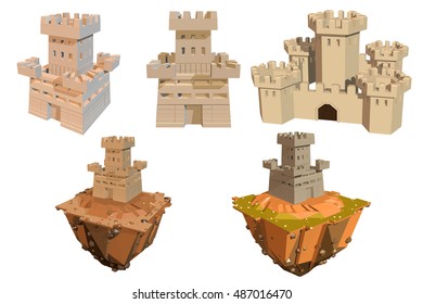 Vector color set of castles and islands on a white background. Abstract ancient building on a white background. Isolated object. Castle, Tower, Island. Stock vector illustration