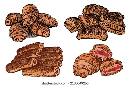 Vector color set of croissants on white isolated, bakery elements