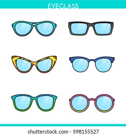 Vector color set of different fashionable trendy hipster, retro, cat eye, aviator, round, geek eyeglasses.  Illustration of colorful man and women glasses with reflections on white background.