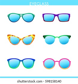 Vector color set of different fashionable trendy hipster, retro, cat eye, aviator, round, geek eyeglasses.  Illustration of colorful man and women glasses with reflections on white background.