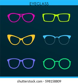 Vector color set of different fashionable trendy hipster, retro, cat eye, aviator, round, geek eyeglasses.  Illustration of colorful man and women glasses with reflections on dark background.