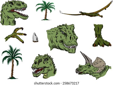 vector - color set of dino head, hand draw, isolated on background