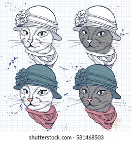 Vector color set of elegant cat women face