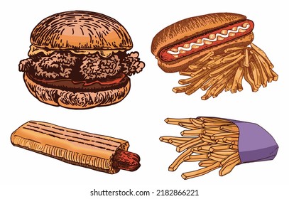 Vector color set of fast food on white isolated, junk food elements. French fries, burger,hot dog