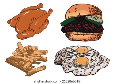 Vector color set of fast food on white isolated, junk food elements. French fries, burger,grilled chicken and eggs