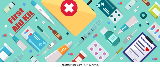 Vector color set. First aid kit with red, blue, green pill, white thermometer, gold case with red and white cross, ointment, pipette, ampuls, syrup bottle, recipe. For banner, website