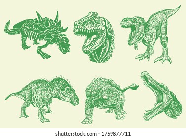 Vector color set of green dinosaurs , graphical hand-drawn illustration