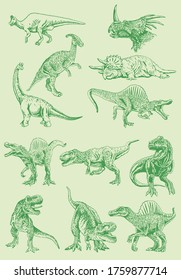 Vector color set of green dinosaurs , graphical hand-drawn illustration