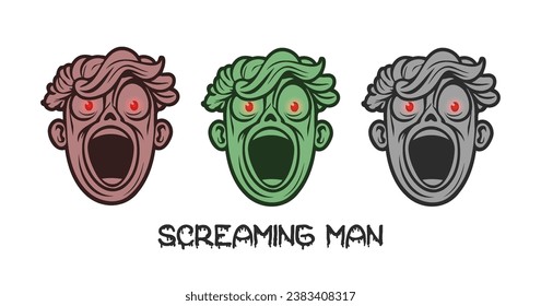 Vector color set of icons or stickers of screaming scary human heads with red eyes. Open mouth from fear. White isolated background.