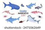 Vector color set of illustrations with different types of sharks on a white background. Flat illustration of sharks. Underwater world, ocean, shark awareness day
