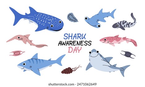 Vector color set of illustrations with different types of sharks on a white background. Flat illustration of sharks. Underwater world, ocean, shark awareness day