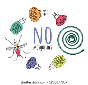 vector color set of insect protection items, various fumigators in the form of a round frame, spiral and mosquito isolated on white background