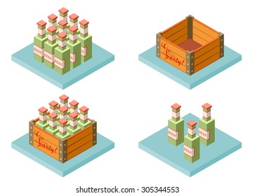 Vector color set isometric icon with case of beer with bottles