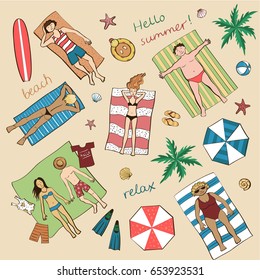 
Vector color set of people sunbathing on the beach. Top view 