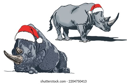 Vector color set of rhinos in Santa Claus hats isolated on white background, grey rhinoceroses , christmas elements